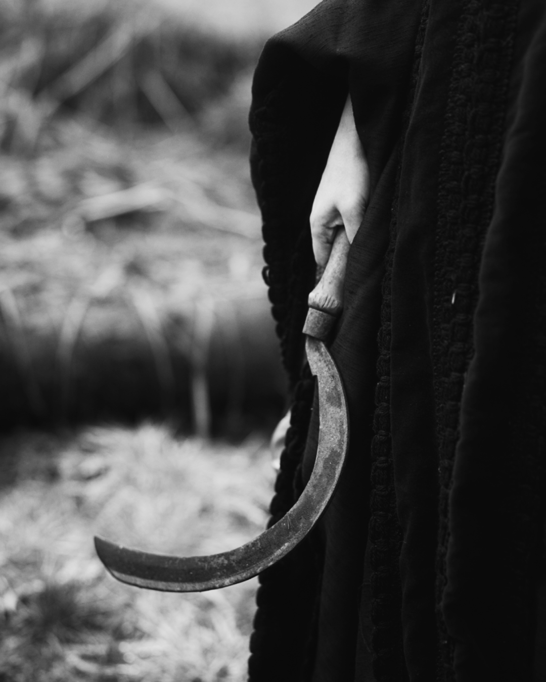 A black and white image of a hand holding a sickle.