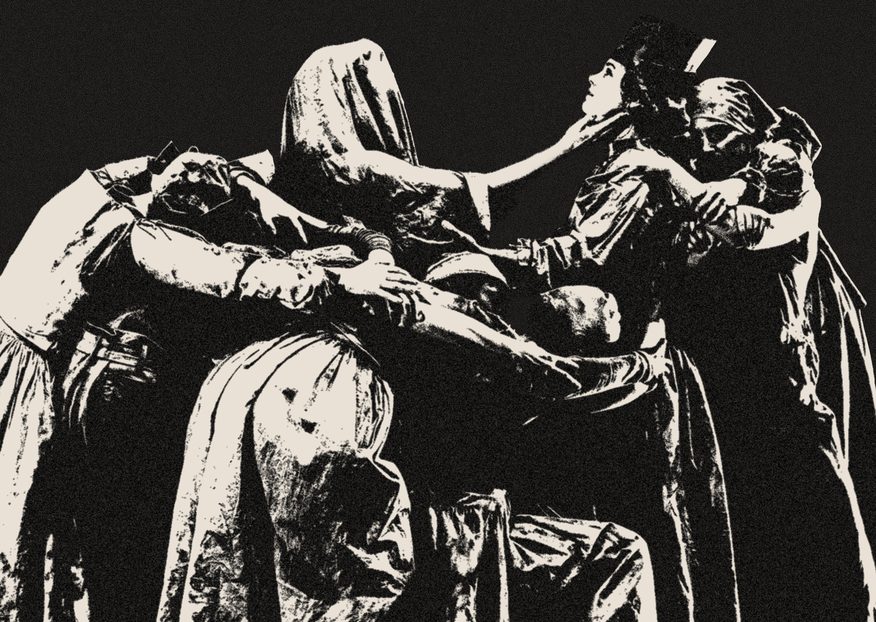 Nine figures in heavy draped costume clasped together in a knot of arms, one hooded, one face tilted up towards the light.